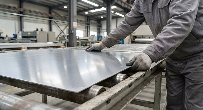 Worker aligning flat sheet metal on a precision cutting table