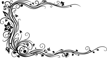 A beautiful black floral border design with swirling vines and leaves on a white background © Spacler
