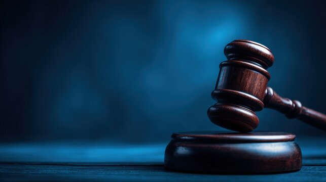 A wooden gavel is positioned on its round base against a dark blue backdrop highlighting its significance in legal proceedings. The scene conveys authority and justice.
