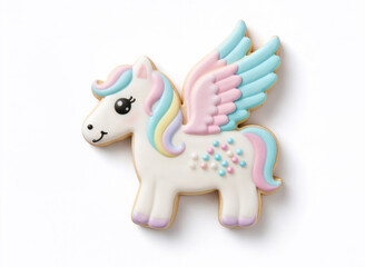 Pegasus unicorn shaped icing decorated cookie on white background with pastel wings fantasy kids treat