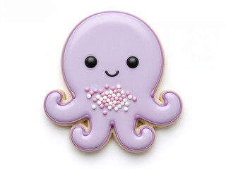 Octopus shaped icing decorated cookie on white background with pastel sprinkles playful kids treat concept