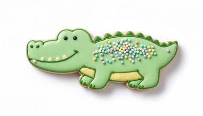 Obraz premium Crocodile shaped icing decorated cookie on white background with green icing playful kids treat