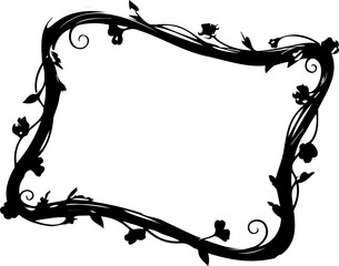 A black floral border frame with vines and leaves on a white background