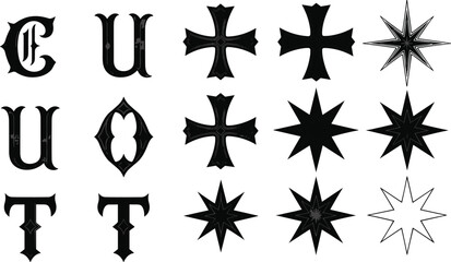 Black calligraphic letters and crosses on white background calligraphy stars