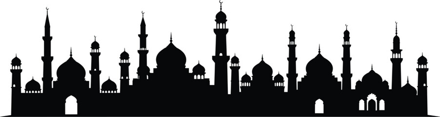 Black silhouette of mosque skyline with domes and minarets © Riyaj Vector Valley