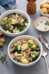Healthy bean and turkey soup or stew with kale and cauliflower