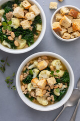 Healthy bean and turkey soup or stew with kale and cauliflower