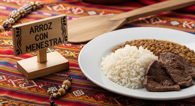 Traditional Ecuadorian Arroz con Menestra y Carne Asada with Fluffy Rice and Lentil Stew