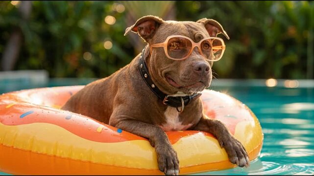 Relaxing Pit Bull Wearing Sunglasses on a Donut Pool Float