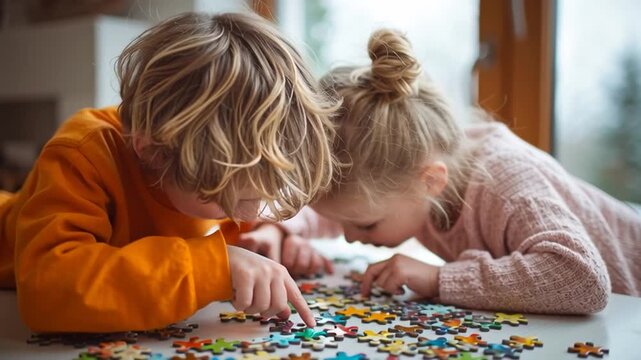 Children Playing Puzzle Game Together at Home