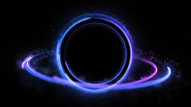 Glowing swirling vortex of vibrant light trails in blue, purple and pink color on a dark background. Concept of big data, block chain and digital technology. Template with free copy space for text.