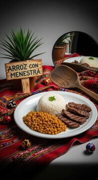 Traditional Ecuadorian Arroz con Menestra y Carne Asada with Fluffy Rice and Lentil Stew