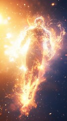 Fototapeta premium Fiery Cosmic Human Silhouette Emerging from Explosion of Light and Energy