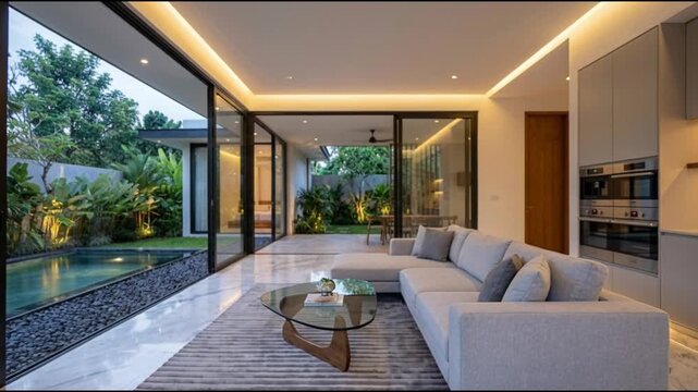 Modern Luxury Living Area with Seamless Indoor Outdoor Transition to Tropical Pool Garden