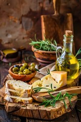 Mediterranean Appetizer with Cheese, Olives, Bread and Olive Oil