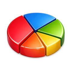 A vibrant three-dimensional pie chart featuring five distinct colored segments in red, blue, green, yellow, and orange on a transparent background.