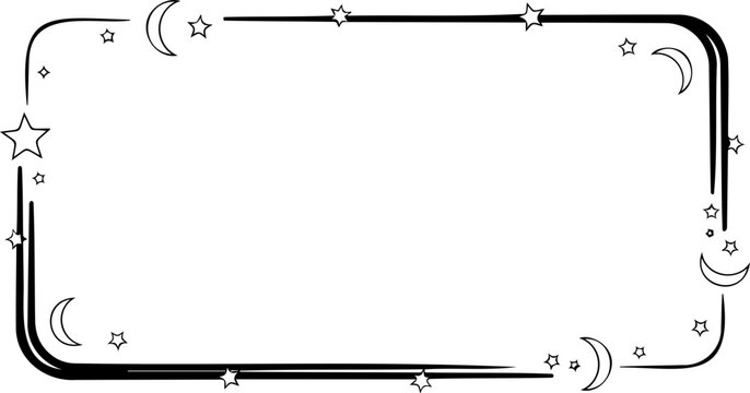A minimalist vector graphic of a starry night border frame with crescent moons and stars