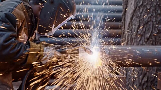 Welder Creating Sparks in Metal Fabrication, industrial manufacturing concept