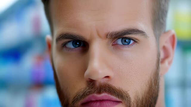 Intensity in the Gaze: Close-up of a handsome individual, his piercing blue eyes locked with unwavering focus, his face telling a story of determination and resolution.