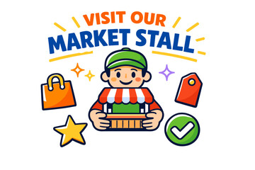 Fototapeta premium Cartoon male vendor promoting market stall with shopping icons and bright colors