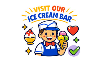 Cheerful cartoon character promoting ice cream bar with colorful treats and heart icon