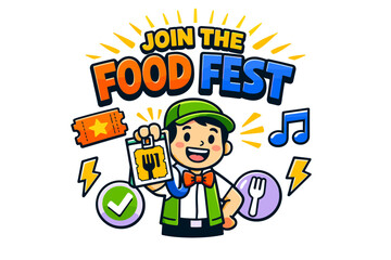 Animated flyer for food fest with excited male character holding ticket and favorite dishes