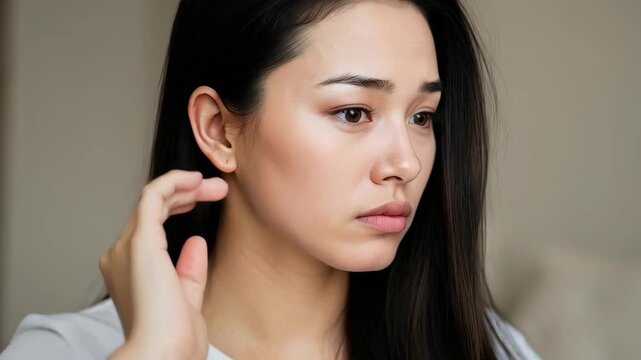 Serene Contemplation: Portrait of a woman with dark hair, her gaze lost in introspection, a moment of quiet reflection, in a softly lit setting.