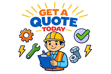 Fototapeta premium Cartoon construction worker with tools promoting quote request