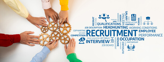 Obraz premium Collaborative Recruitment Process with Gears and Hands Representing Job Skills, Headhunting, and Employee Performance Initiatives in Modern Work Environments. Amity
