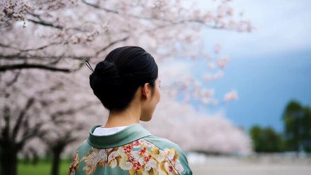 Serene Gaze Under Cherry Blossoms: A woman, her back to the viewer, is immersed in a moment of tranquility beneath a canopy of delicate cherry blossoms, dressed in traditional kimono.
