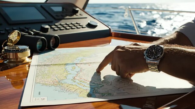 Close-up of man's hands on a detailed sea map on a luxury yacht deck, planning an adventurous route for a strategic travel and exploration concept