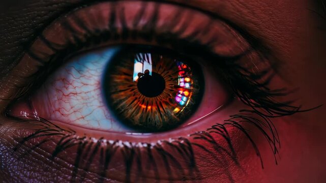 Intimate Gaze: An eye, detailed with intricate patterns and colors, reflects light, inviting contemplation and offering a glimpse into the depth of perception.