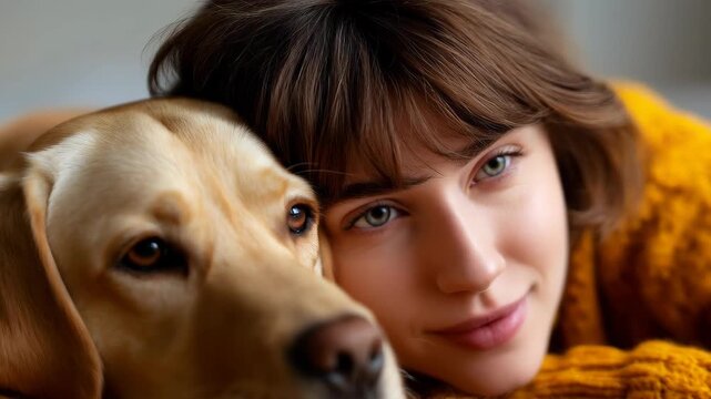 Serene Connection: A moment of profound tenderness unfolds as a young woman rests her head gently upon the loyal companion, a golden retriever, capturing a unique bond.