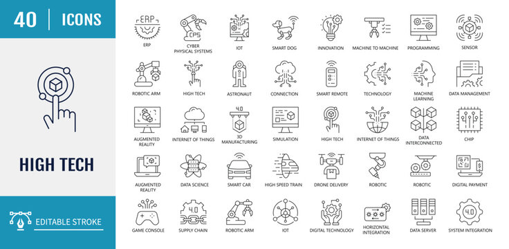 High Tech icon set. Innovation Related Vector Line Icons. Outline Icon Collection. Vector illustration with editable strokes