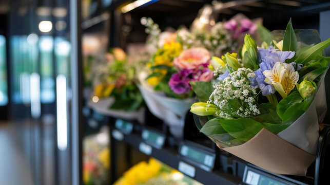 Vending machine filled with beautiful flower bouquets on display, each bouquet neatly wrapped and placed in separate compartments, ready for purchase anytime, floral vending