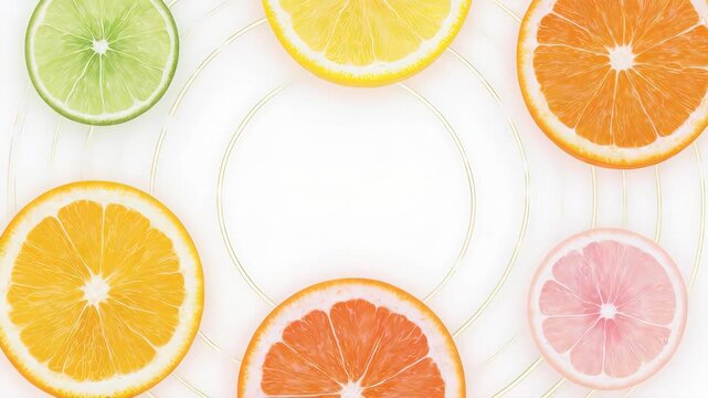 Slices of various citrus fruits arranged with golden wire elements on white