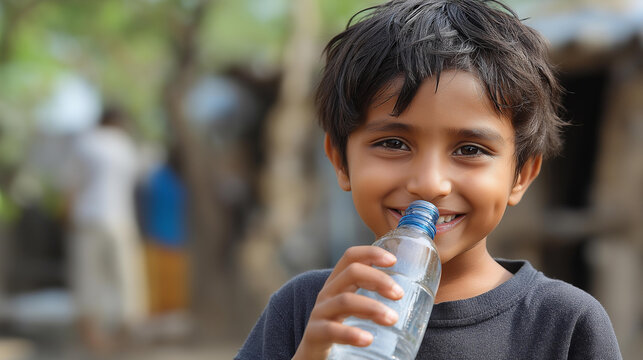 Little boy happily drinking water from plastic bottle in rural area, blurred houses and people background, charity articles, developing countries assistance, clean water access,