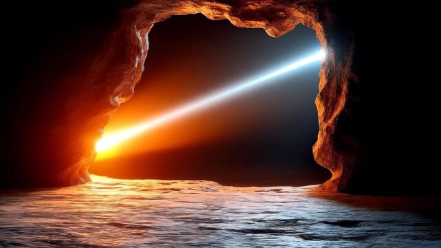 The light's path through cave entrance: The viewer's attention is immediately drawn to the majestic scene of light piercing through the cave's opening, illuminating the darkness of the cave.