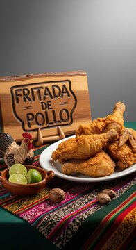 Traditional Ecuadorian Fritada de Pollo Fried Chicken with Otavalo Pano Mat and Chilca Sign