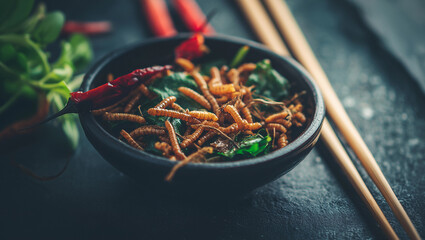 Alternative food with edible insects in bowl, ai generated