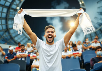 Man holding blank white fan scarf mockup, ai generated