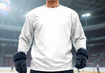 Naklejka premium Blank white sport t-shirt on hockey player mockup, ai generated