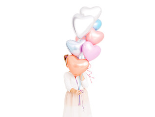 Kid holding colored hearts balloon bouquet mockup, ai generated