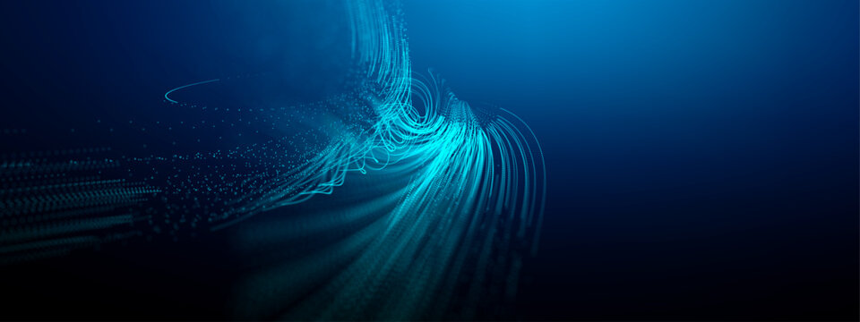 Big data flow with bg background code and ai abstract line. Wave pattern technology with digital purple circuit and triangle network tech. Circle dot artificial with source water binari and eye.