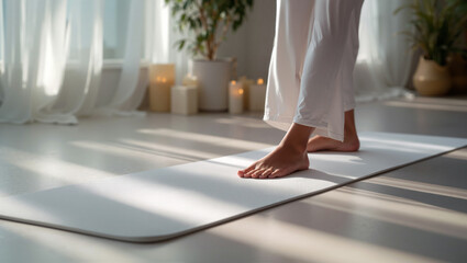 Woman legs standing on yoga mat mockup, ai generated