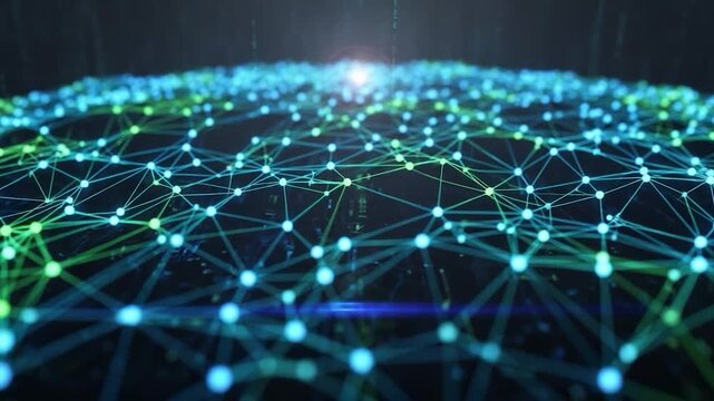 Digital Network Visualization: Explore the intricacies of a digital network with a stunning visual representation, showcasing interconnected nodes and data flow with a futuristic glow. 