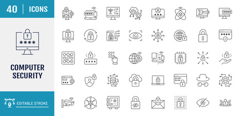 Computer Security icon set. Includes Firewall, Antivirus, Data Encryption, Password, Cyber Security, Security, Authentication, Privacy, and more. Vector illustration with editable strokes