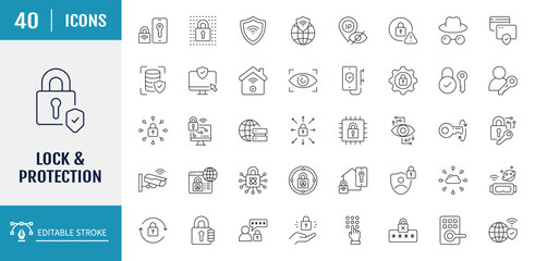 Lock icon set. Includes padlock, security, unlock, lock document, secured, biometric, chain, protect, secure. Vector illustration with editable strokes