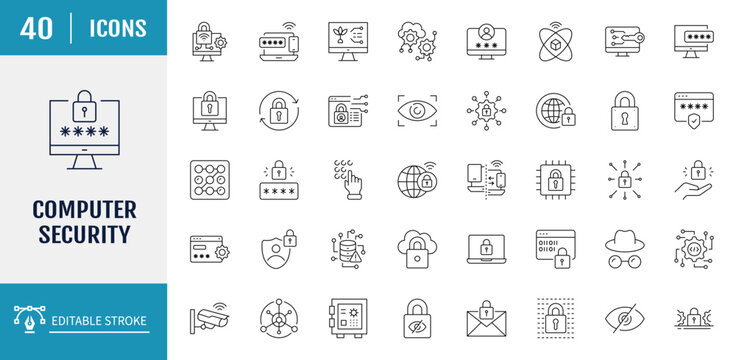 Computer Security icon set. Includes Firewall, Antivirus, Data Encryption, Password, Cyber Security, Security, Authentication, Privacy, and more. Vector illustration with editable strokes