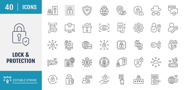 Lock icon set. Includes padlock, security, unlock, lock document, secured, biometric, chain, protect, secure. Vector illustration with editable strokes